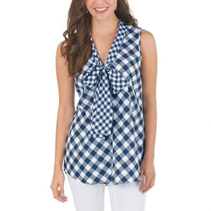 MudPie Women Bell Sleeveless Blue White Plaid Tunic Tank Top Small